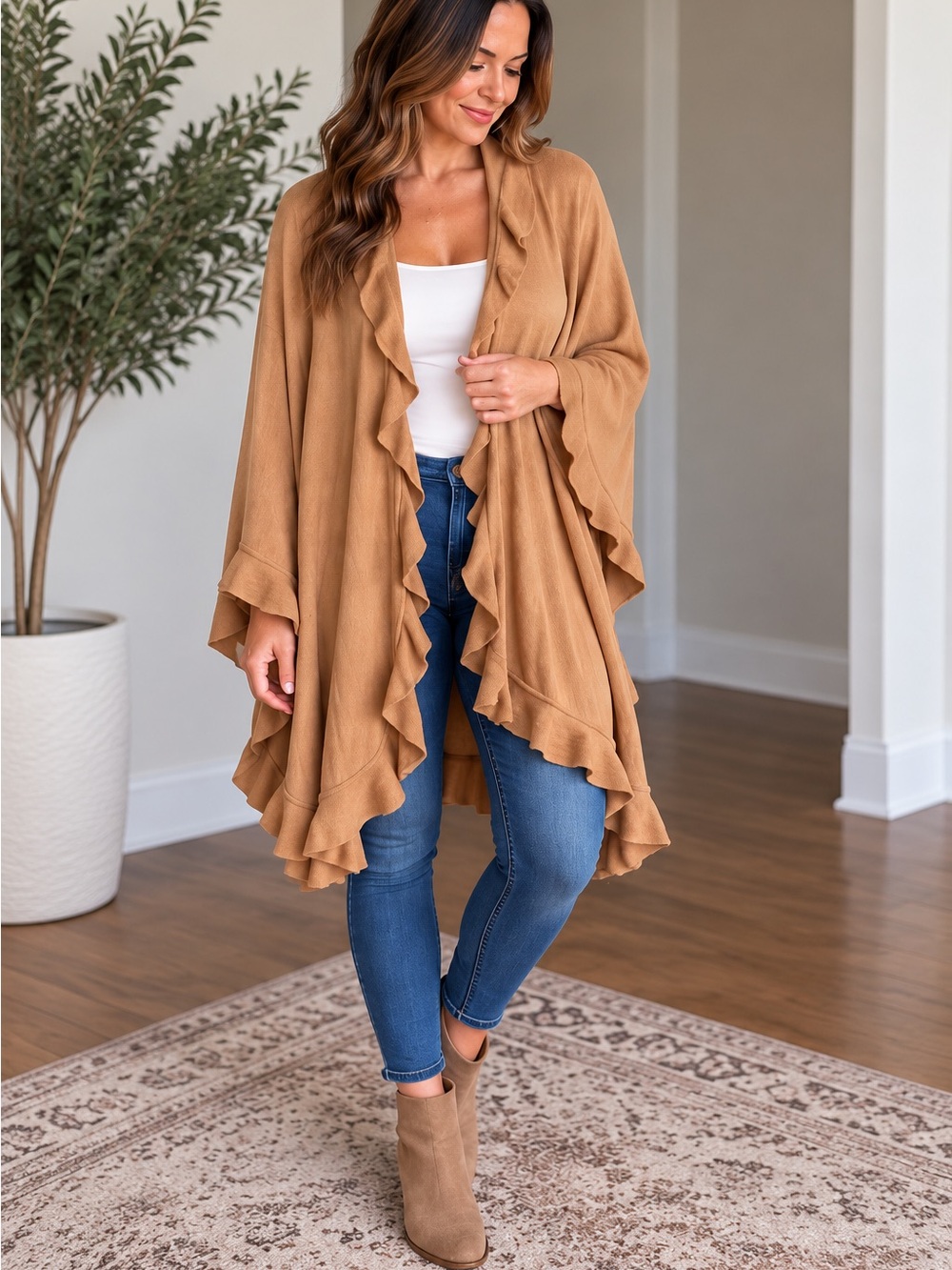 Ruffle-Trim Open Front Wrap Cardigan - Camel